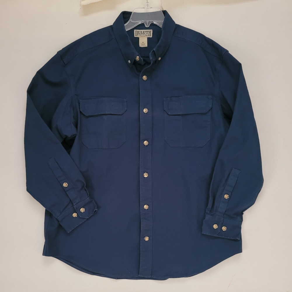 Duluth Trading Co Men's Blue Stretch Cotton Canvas Button Down Shirt Size XL